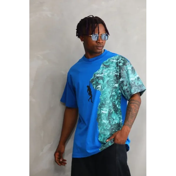 Unisex Bisiklet Yaka Baskılı Oversize T-Shirt - Mavi