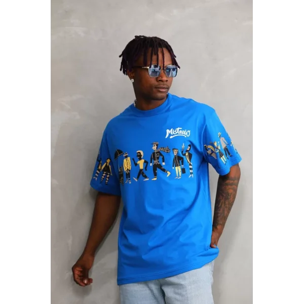 Unisex Bisiklet Yaka Baskılı Oversize T-Shirt - Mavi