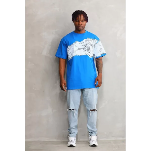 Unisex Bisiklet Yaka Baskılı Oversize T-Shirt - Mavi