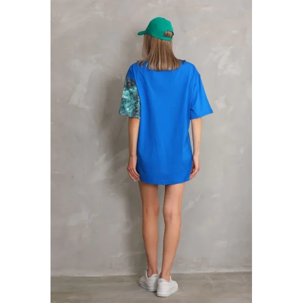 Unisex Bisiklet Yaka Baskılı Oversize T-Shirt - Mavi