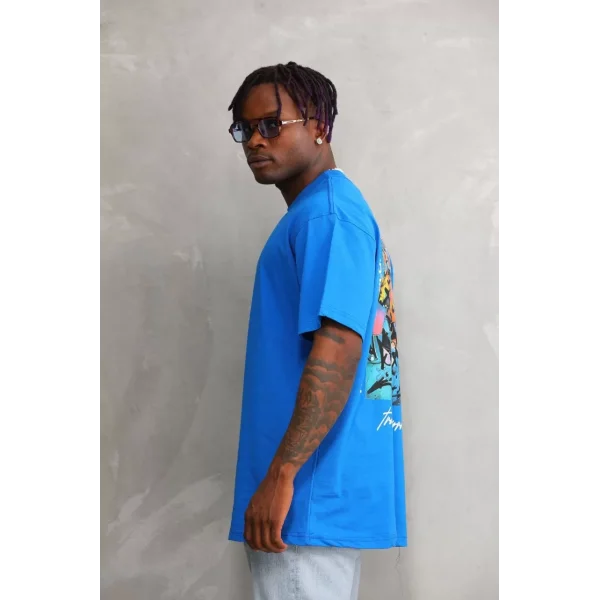 Unisex Bisiklet Yaka Baskılı Oversize T-Shirt - Mavi