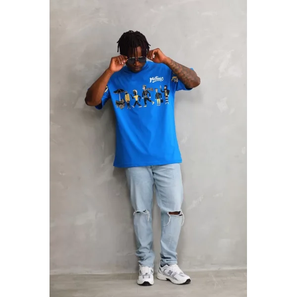 Unisex Bisiklet Yaka Baskılı Oversize T-Shirt - Mavi