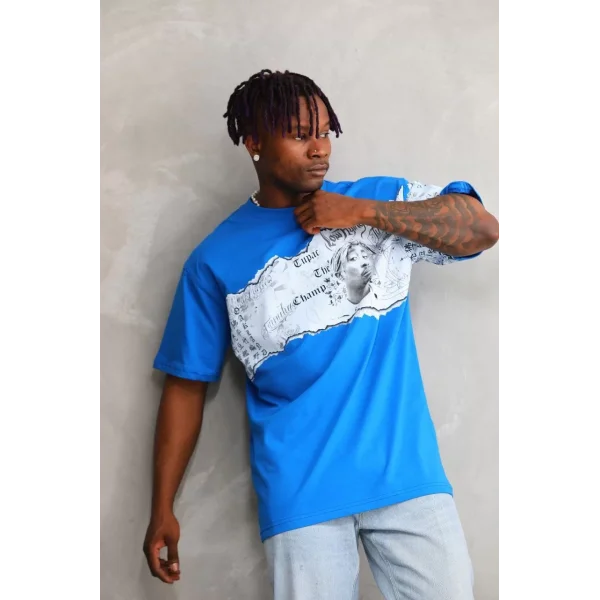 Unisex Bisiklet Yaka Baskılı Oversize T-Shirt - Mavi