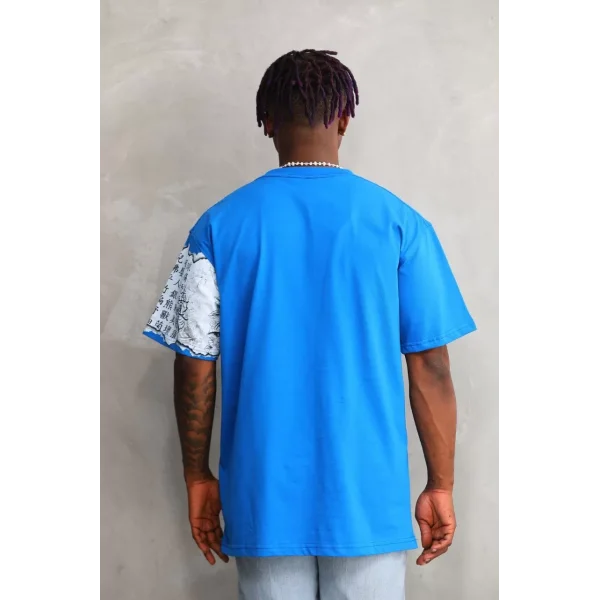 Unisex Bisiklet Yaka Baskılı Oversize T-Shirt - Mavi