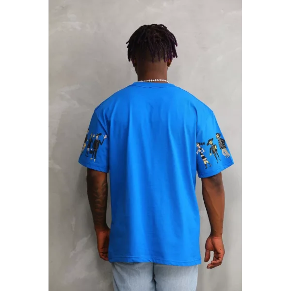 Unisex Bisiklet Yaka Baskılı Oversize T-Shirt - Mavi