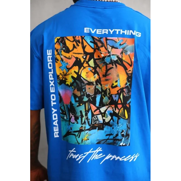 Unisex Bisiklet Yaka Baskılı Oversize T-Shirt - Mavi