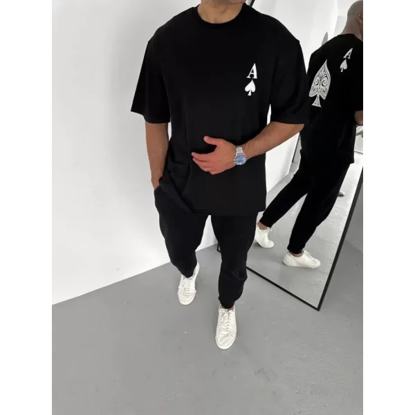 Unisex Bisiklet Yaka Baskılı Oversize T-Shirt - Siyah