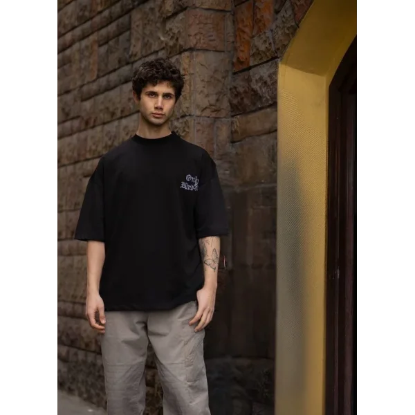 Unisex Bisiklet Yaka Baskılı Oversize T-Shirt - Siyah