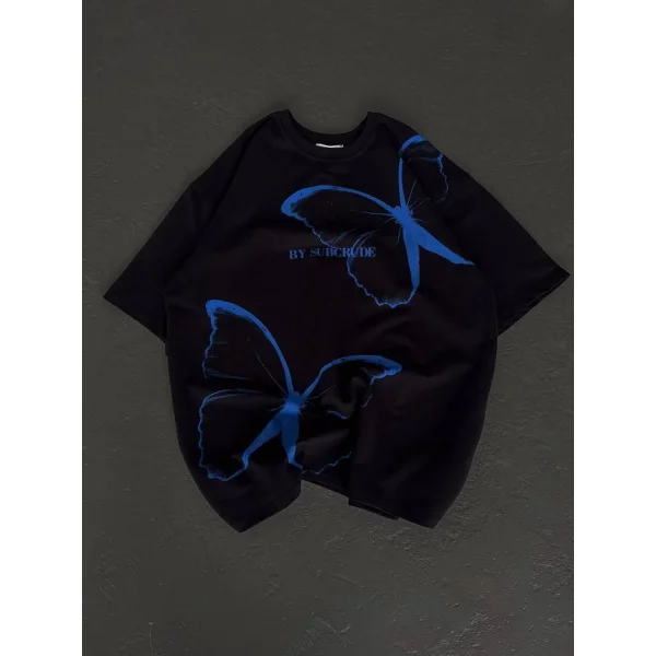 Unisex Bisiklet Yaka Baskılı Oversize T-Shirt - Siyah