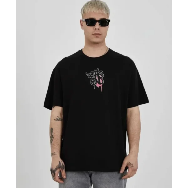 Unisex Bisiklet Yaka Baskılı Oversize T-Shirt - Siyah