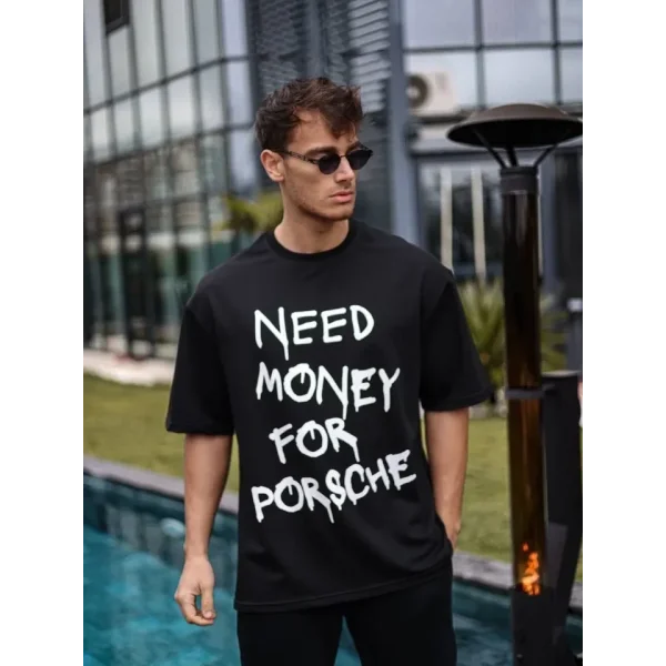 Unisex Bisiklet Yaka Baskılı Oversize T-Shirt - Siyah