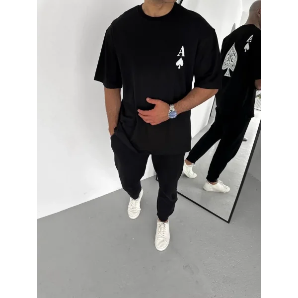 Unisex Bisiklet Yaka Baskılı Oversize T-Shirt - Siyah