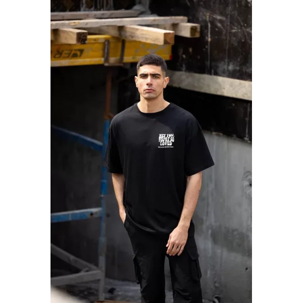 Unisex Bisiklet Yaka Baskılı Oversize T-Shirt - Siyah