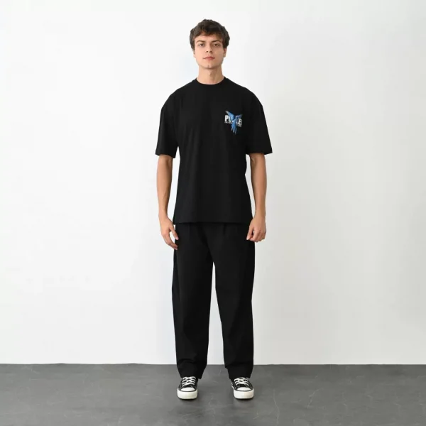 Unisex Bisiklet Yaka Baskılı Oversize T-Shirt - Siyah