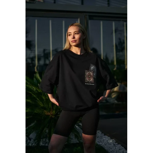 Unisex Bisiklet Yaka Baskılı Oversize T-Shirt - Siyah
