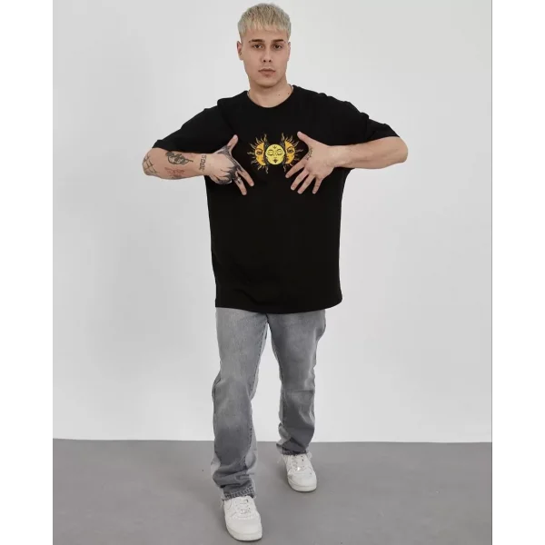 Unisex Bisiklet Yaka Baskılı Oversize T-Shirt - Siyah