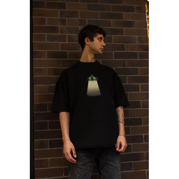 Unisex Bisiklet Yaka Baskılı Oversize T-Shirt - Siyah