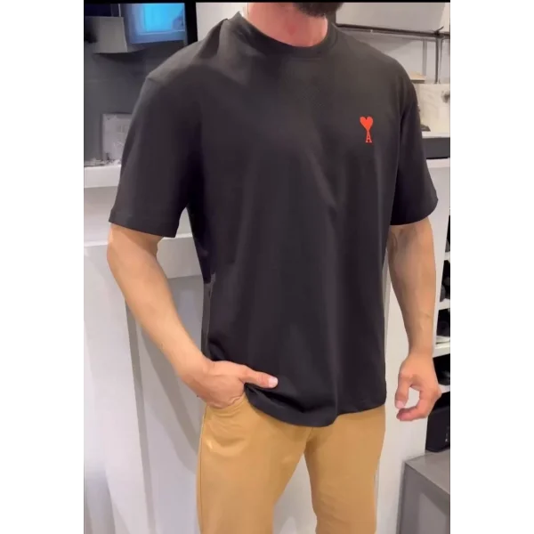 Unisex Bisiklet Yaka Baskılı Oversize T-Shirt - Siyah