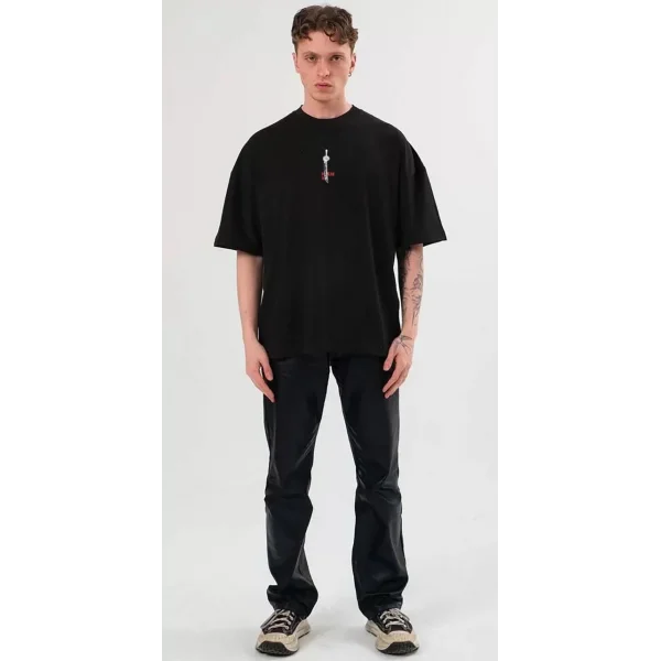 Unisex Bisiklet Yaka Baskılı Oversize T-Shirt - Siyah