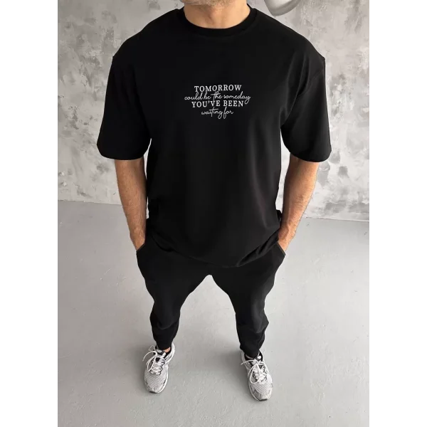 Unisex Bisiklet Yaka Baskılı Oversize T-Shirt - Siyah