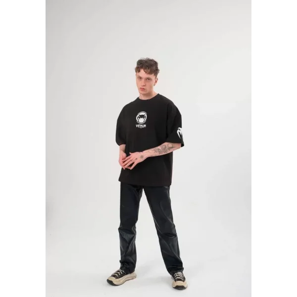 Unisex Bisiklet Yaka Baskılı Oversize T-Shirt - Siyah