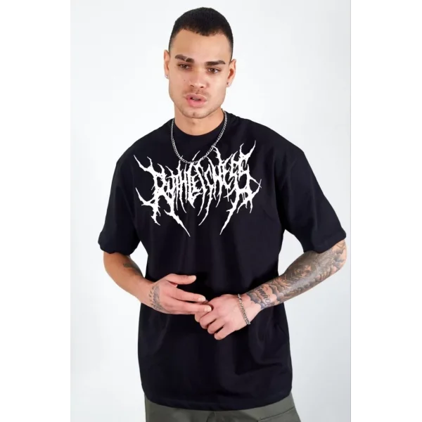 Unisex Bisiklet Yaka Baskılı Oversize T-Shirt - Siyah