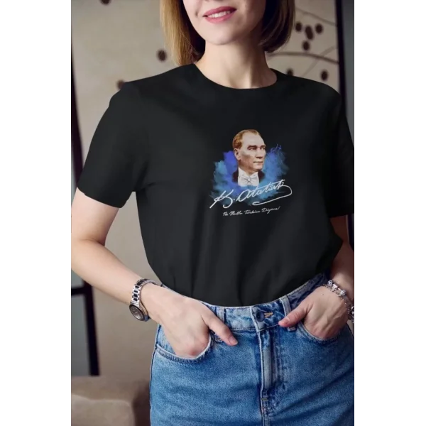 Unisex Bisiklet Yaka Baskılı Oversize T-Shirt - Siyah