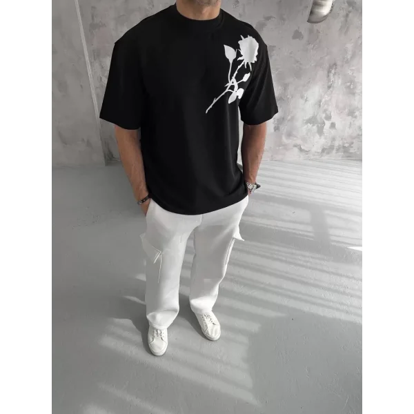 Unisex Bisiklet Yaka Baskılı Oversize T-Shirt - Siyah