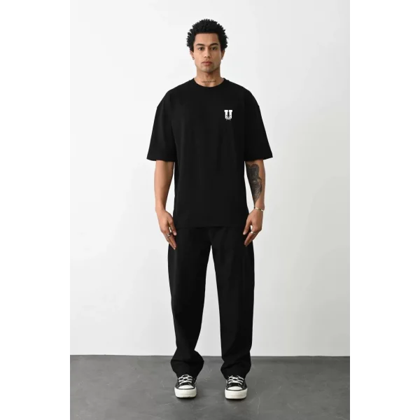 Unisex Bisiklet Yaka Baskılı Oversize T-Shirt - Siyah