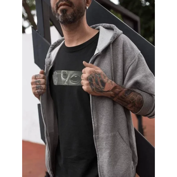 Unisex Bisiklet Yaka Baskılı Oversize T-Shirt - Siyah