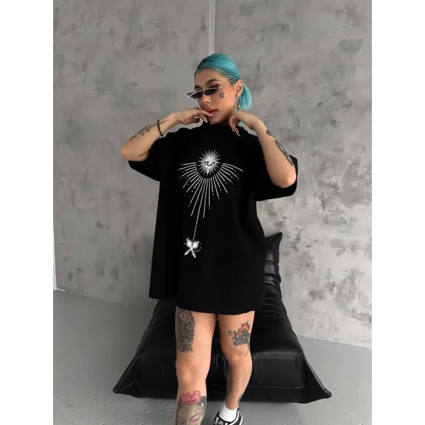 Unisex Bisiklet Yaka Baskılı Oversize T-Shirt - Siyah