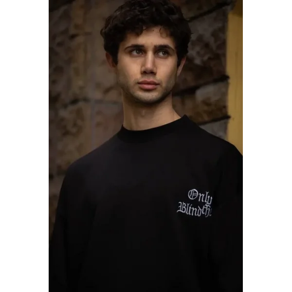 Unisex Bisiklet Yaka Baskılı Oversize T-Shirt - Siyah