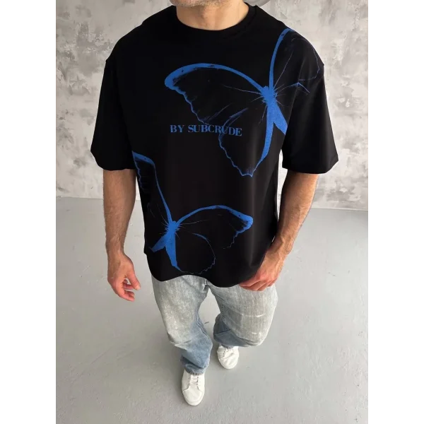 Unisex Bisiklet Yaka Baskılı Oversize T-Shirt - Siyah