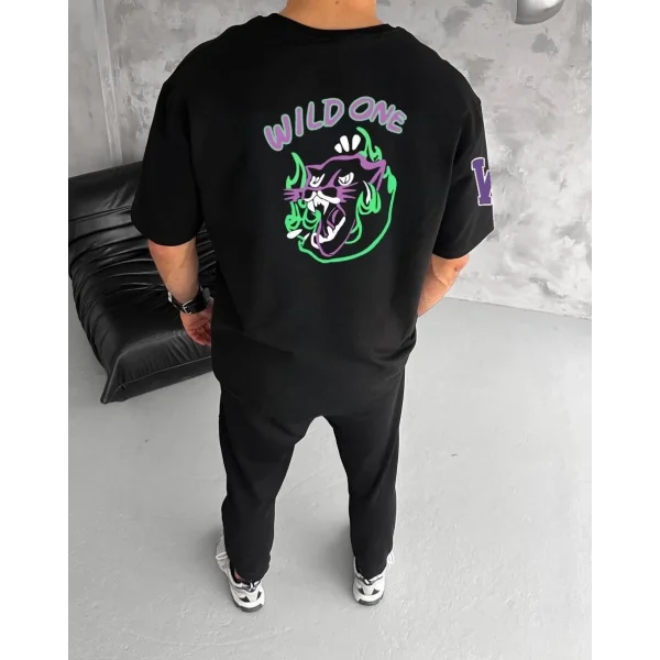 Unisex Bisiklet Yaka Baskılı Oversize T-Shirt - Siyah