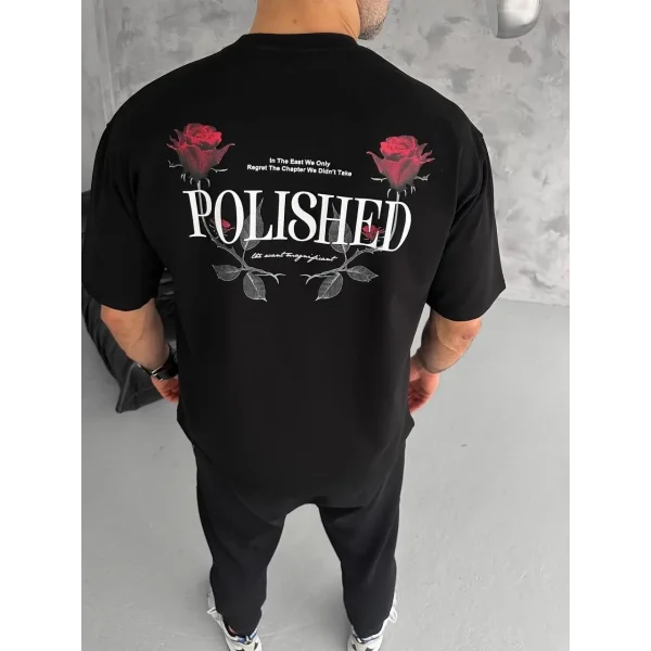 Unisex Bisiklet Yaka Baskılı Oversize T-Shirt - Siyah