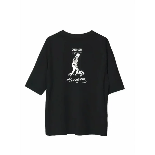 Unisex Bisiklet Yaka Baskılı Oversize T-Shirt - Siyah