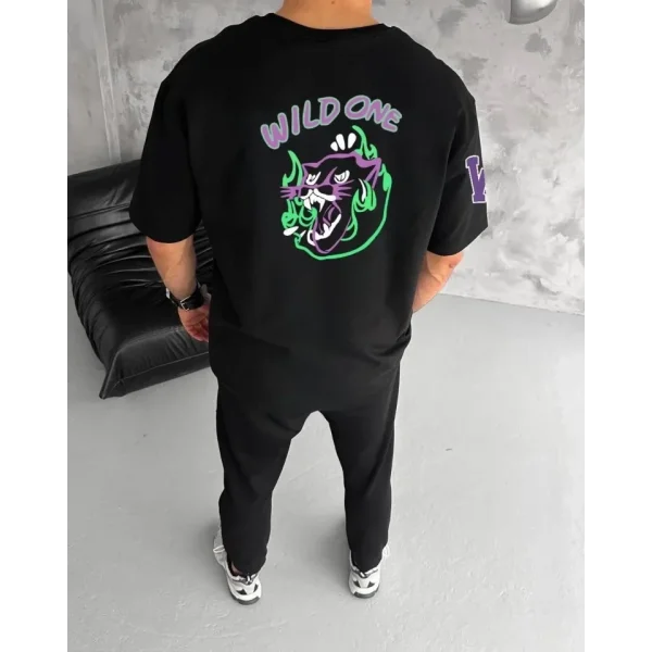 Unisex Bisiklet Yaka Baskılı Oversize T-Shirt - Siyah