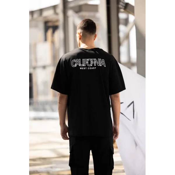 Unisex Bisiklet Yaka Baskılı Oversize T-Shirt - Siyah