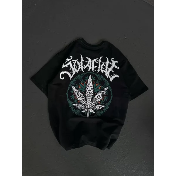 Unisex Bisiklet Yaka Baskılı Oversize T-Shirt - Siyah