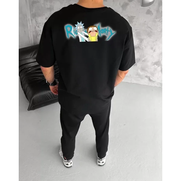 Unisex Bisiklet Yaka Baskılı Oversize T-Shirt - Siyah