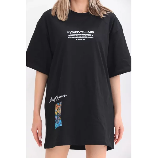 Unisex Bisiklet Yaka Baskılı Oversize T-Shirt - Siyah