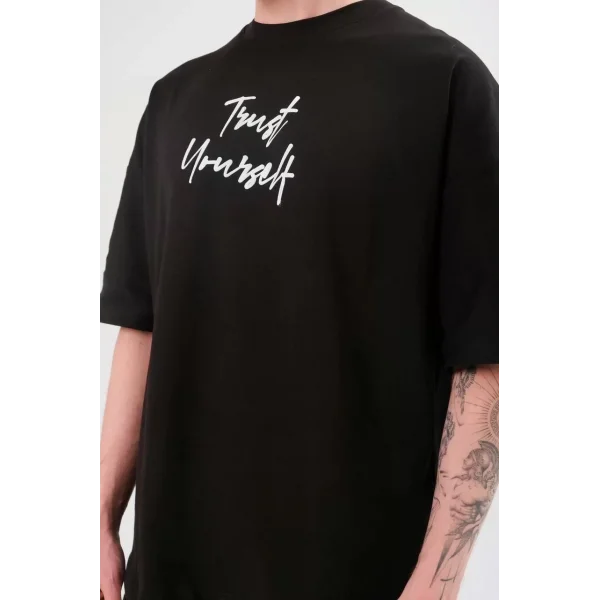 Unisex Bisiklet Yaka Baskılı Oversize T-Shirt - Siyah