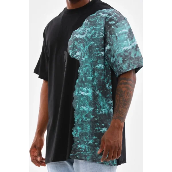 Unisex Bisiklet Yaka Baskılı Oversize T-Shirt - Siyah