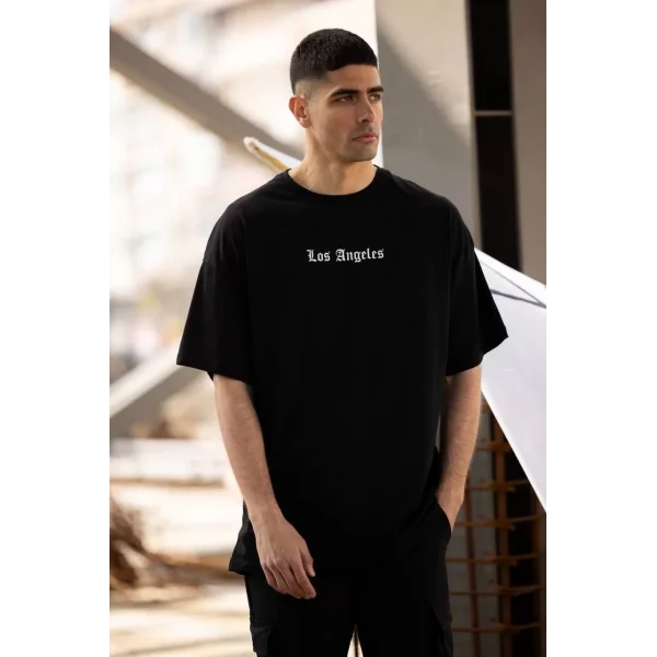 Unisex Bisiklet Yaka Baskılı Oversize T-Shirt - Siyah