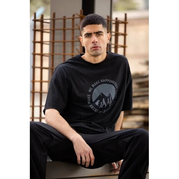 Unisex Bisiklet Yaka Baskılı Oversize T-Shirt - Siyah