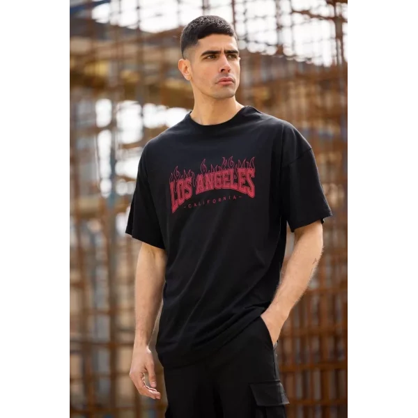 Unisex Bisiklet Yaka Baskılı Oversize T-Shirt - Siyah