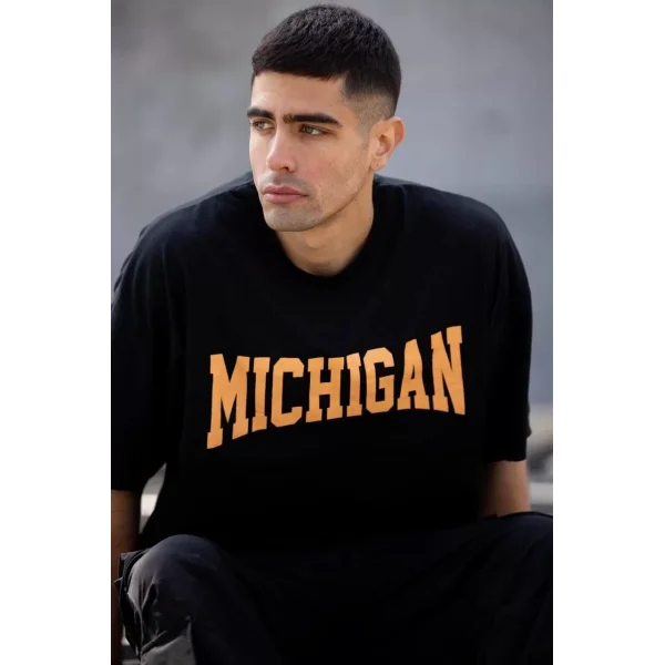 Unisex Bisiklet Yaka Baskılı Oversize T-Shirt - Siyah