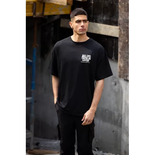 Unisex Bisiklet Yaka Baskılı Oversize T-Shirt - Siyah