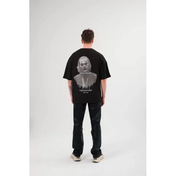 Unisex Bisiklet Yaka Baskılı Oversize T-Shirt - Siyah