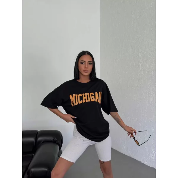 Unisex Bisiklet Yaka Baskılı Oversize T-Shirt - Siyah